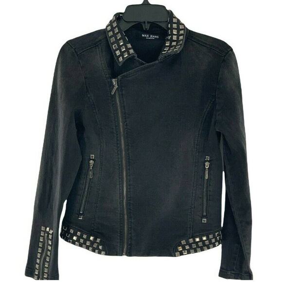 Max Jeans Jacket Womens Size Small Studs Rhinestones Symmetrical Front Zip Black - Picture 4 of 12